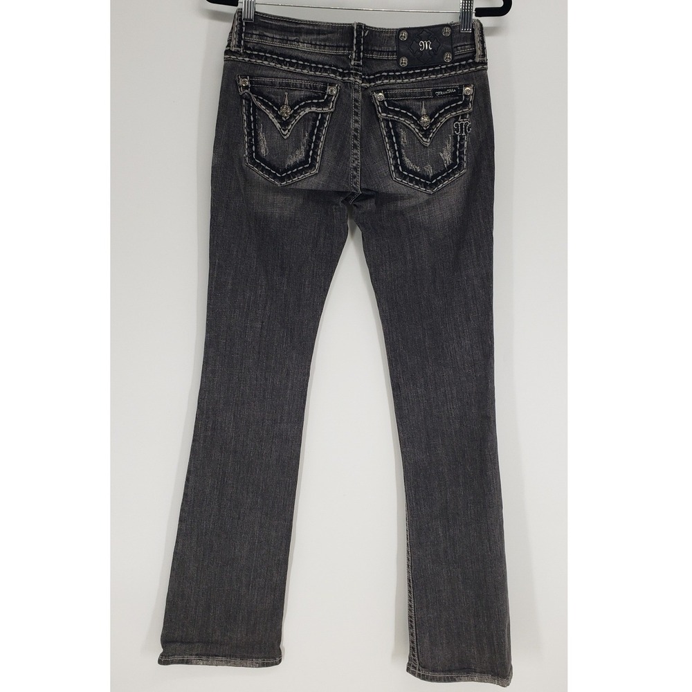 Y2K Miss Me Low Rise Boot Cut Jeans 27 Dark Gray Embellished Flap Pocket Western